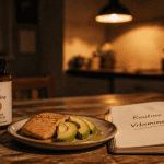 pourquoi prendre la vitamine d le soir, flacon et aliments sur table