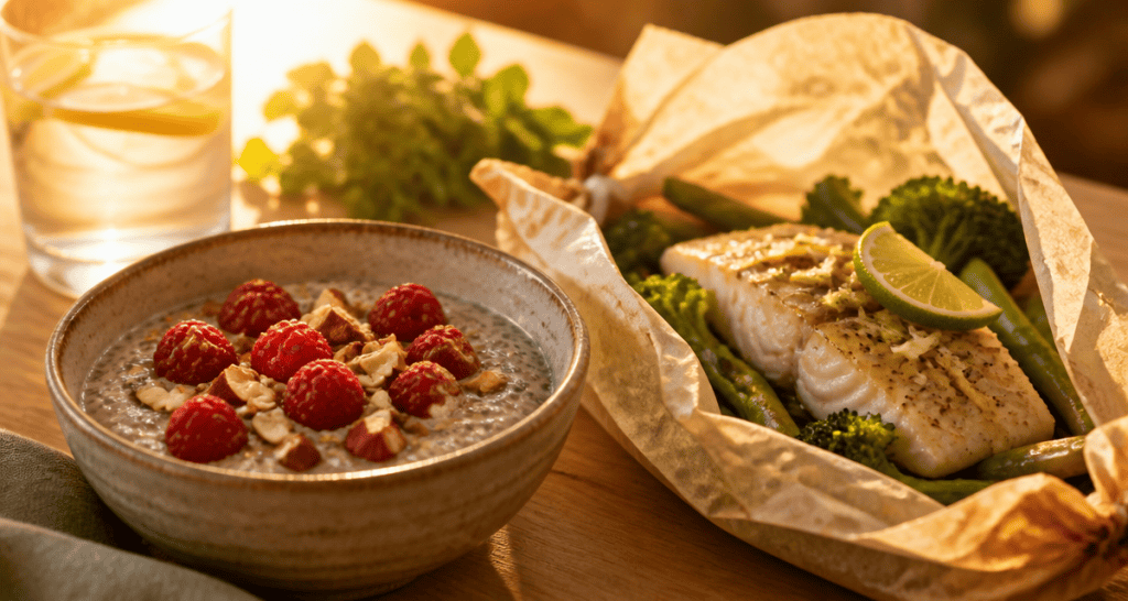 recette pour maigrir le ventre bowl chia cabillaud légumes