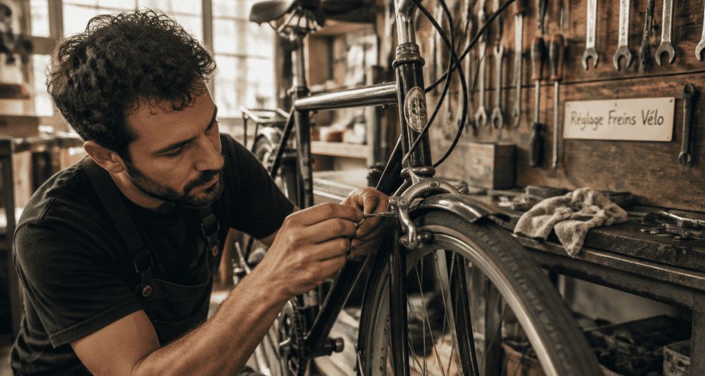 réglage frein vélo par mécanicien en atelier