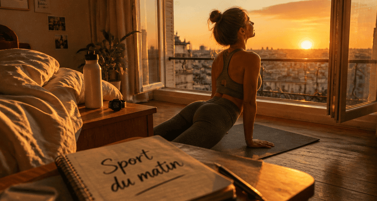 Femme faisant du sport matinale près d'une fenêtre au lever du soleil