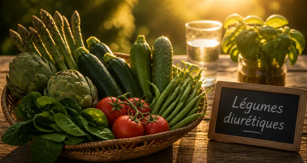 aliments diurétiques légumes sur table rustique