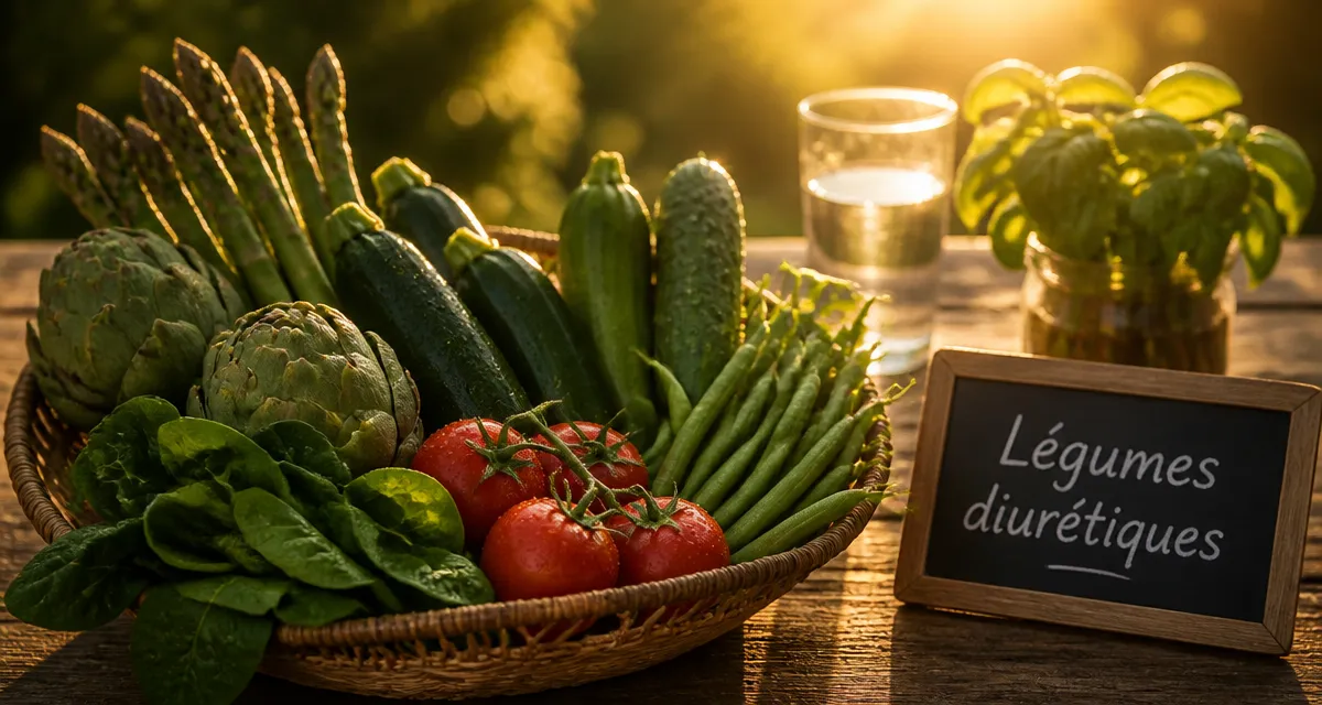 aliments diurétiques légumes sur table rustique