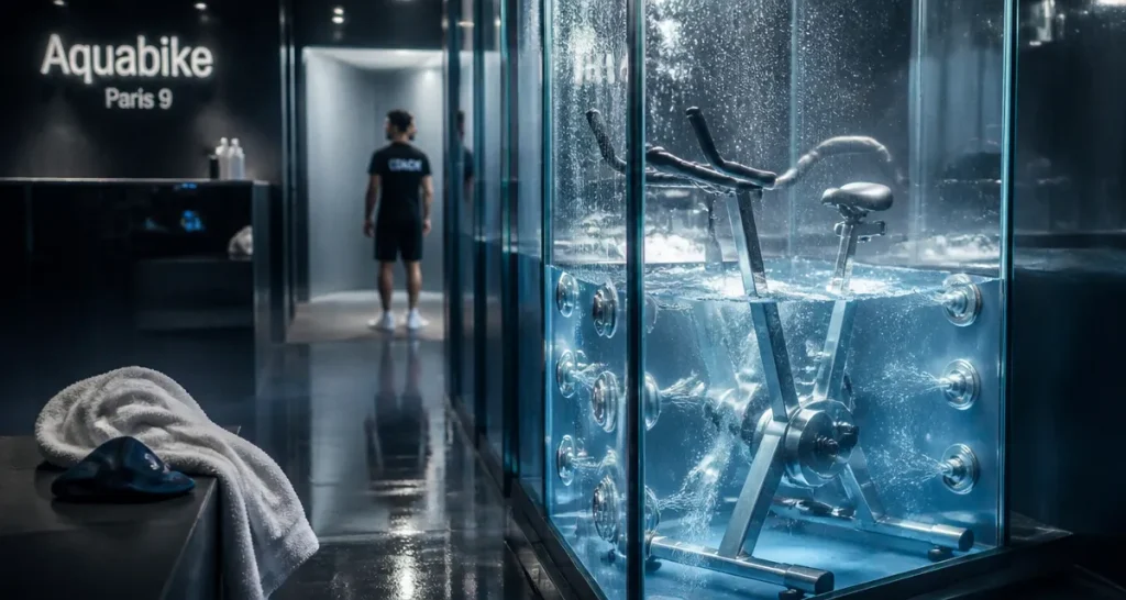 Aquabike Paris 9 : cabine vélo aquatique, eau et jets d’hydromassage