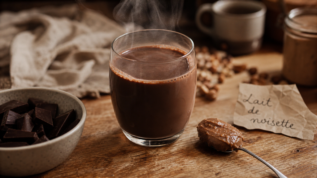 Bienfait du lait de noisette : verre chaud au lait de noisette et noisettes
