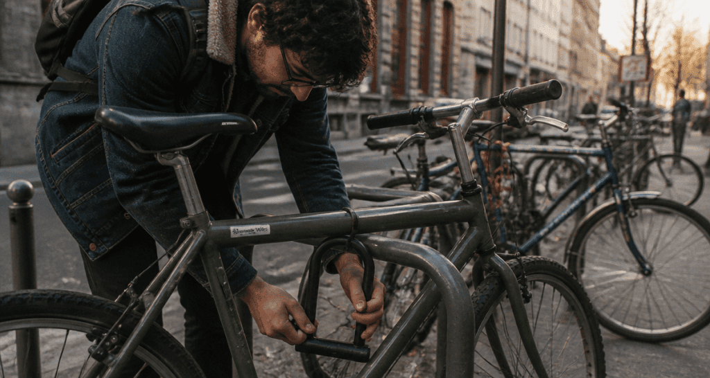 cadenas vélo attaché à un arceau en ville