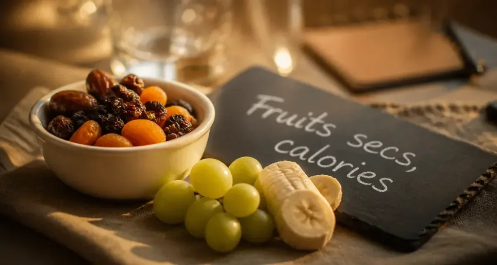 Calories dans les fruits secs : bol de fruits secs et note