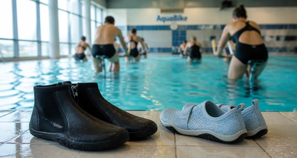 chaussure pour aquabike humide sur carrelage piscine