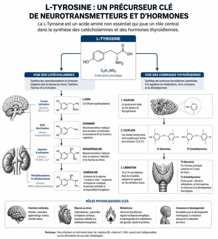 Infographie expliquant le rôle de la L-Tyrosine et perte de poids dans le métabolisme