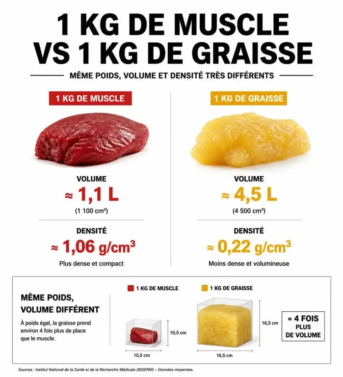 Infographie expliquant la recomposition corporelle : pourquoi on s'affine sans perdre de poids