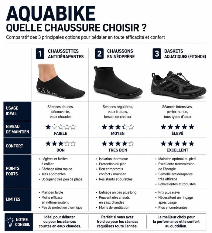 Comparatif des types de chaussures pour aquabike : chaussettes, chaussons néoprène et baskets aquatiques
