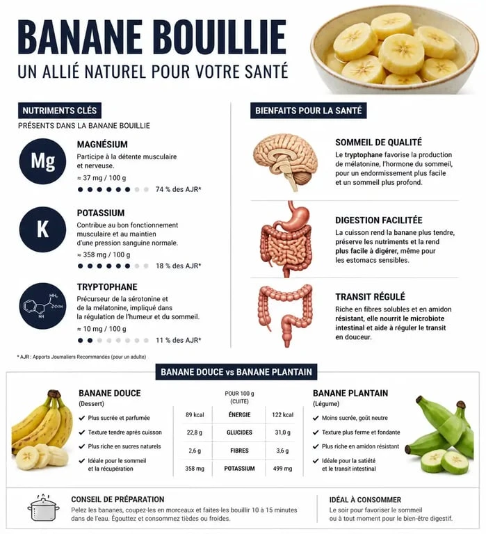 Infographie sur les bienfaits santé de la banane bouillie et ses propriétés nutritionnelles