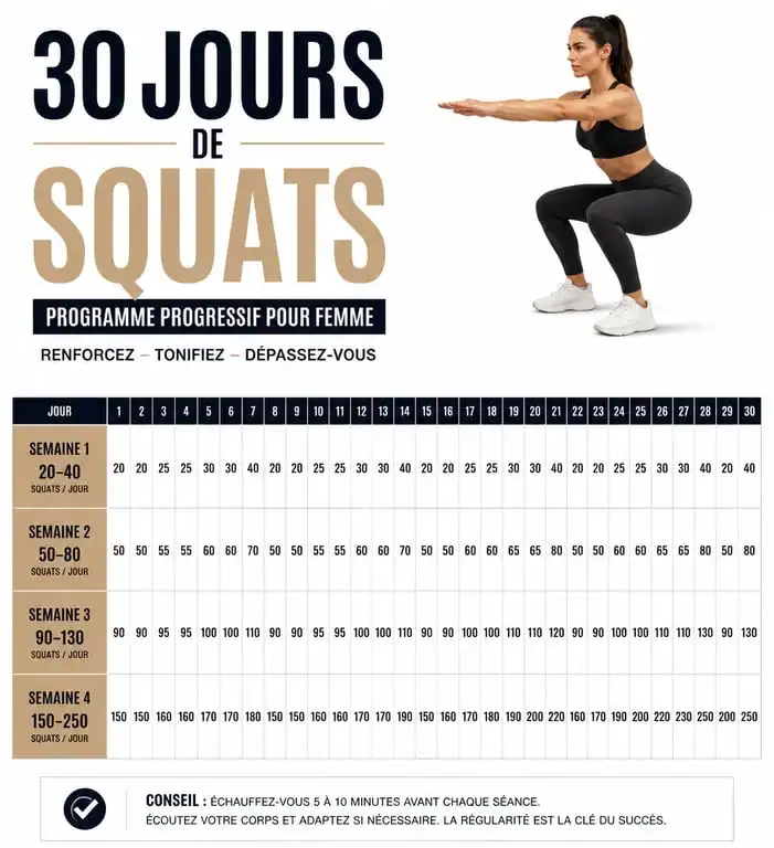 Infographie du programme squat femme sur 30 jours pour tonifier les jambes et les fessiers