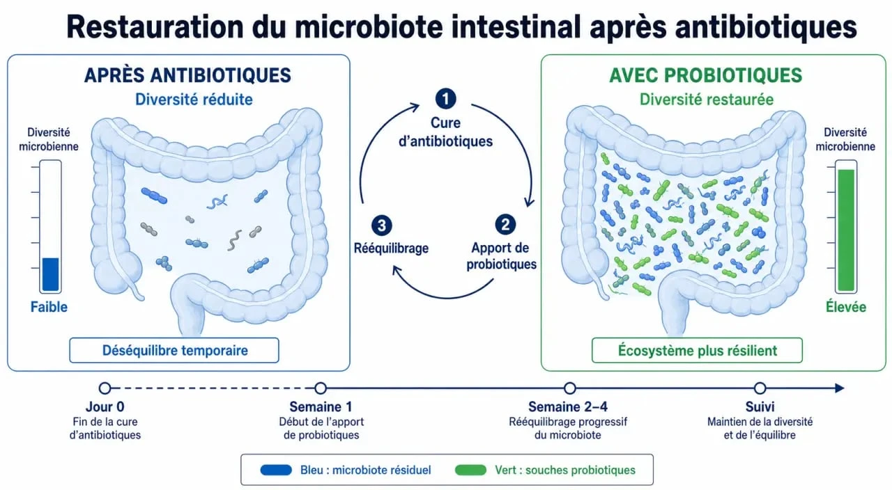 Infographie montrant le mécanisme de restauration du microbiote intestinal par les probiotiques après un traitement antibiotique.