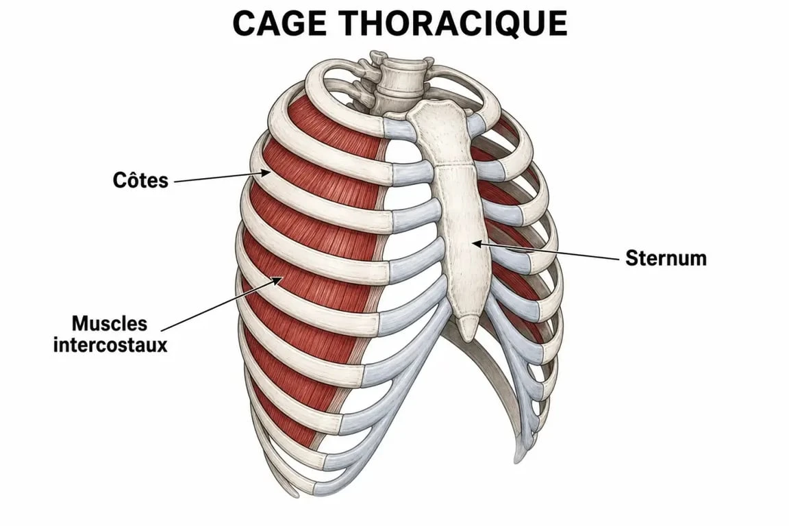 Schéma anatomique des muscles intercostaux et de la cage thoracique pour comprendre la douleur aux côtes lors d'une toux