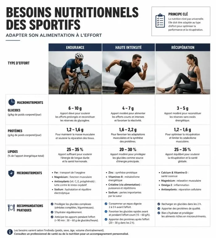 Infographie des besoins nutritionnels pour choisir ses barres énergétiques pour sportifs selon l'effort