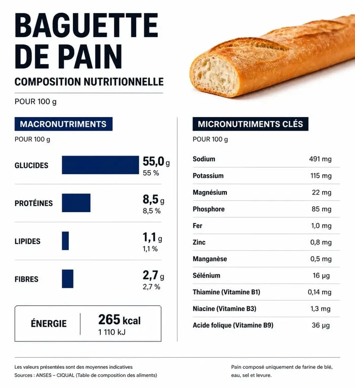 Infographie nutritionnelle détaillant la composition d'une baguette de pain et ses apports en macronutriments pour 100g