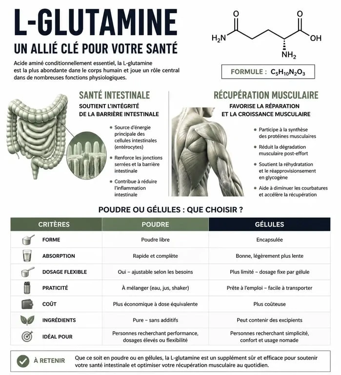 Infographie sur les bienfaits et l'utilisation de la L-glutamine en poudre pour la santé intestinale et musculaire