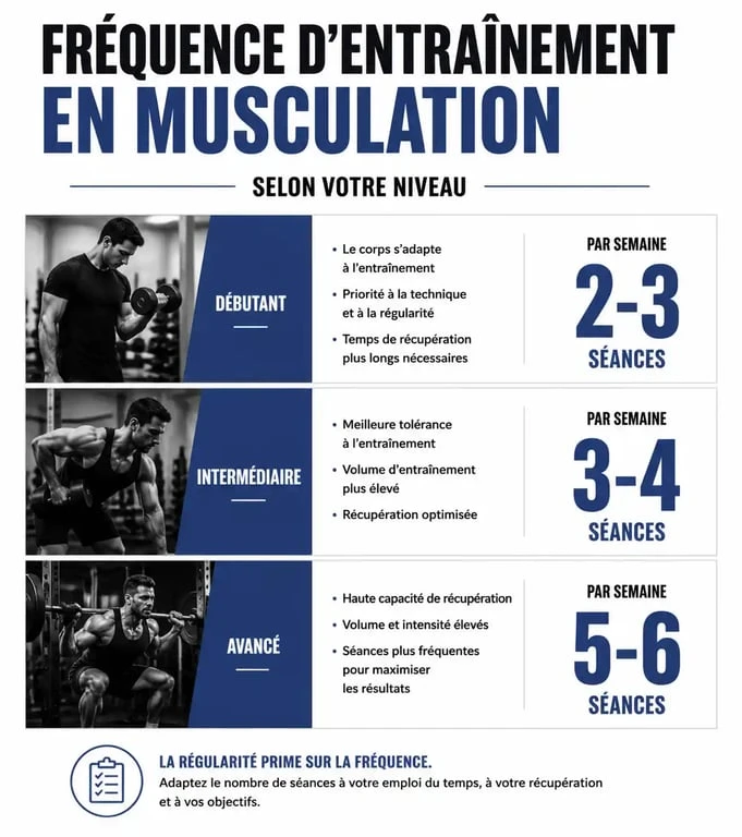 Infographie sur la fréquence d'entraînement en musculation selon le niveau : débutant, intermédiaire et avancé.