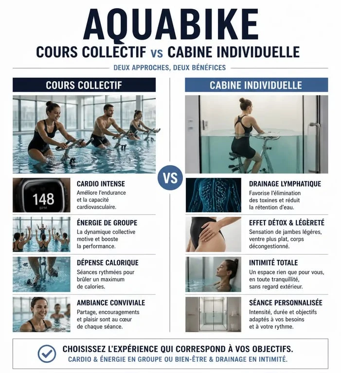 Comparatif aquabike paris 9 : cours collectif vs cabine individuelle pour choisir sa séance