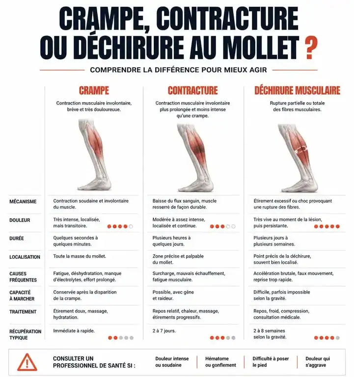 Tableau comparatif des symptômes : crampe, contracture au mollet et déchirure musculaire