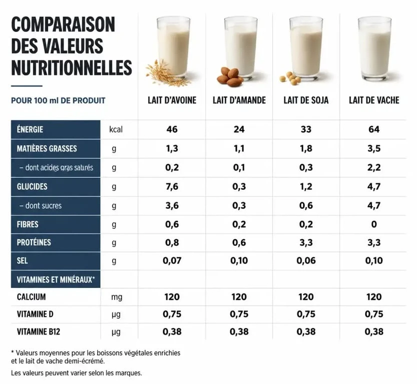 Infographie comparative des valeurs nutritionnelles du lait d'avoine pour maigrir par rapport aux autres laits végétaux.