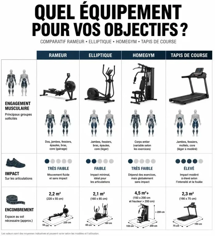 Infographie comparative des appareils de sport pour un entraînement complet du corps
