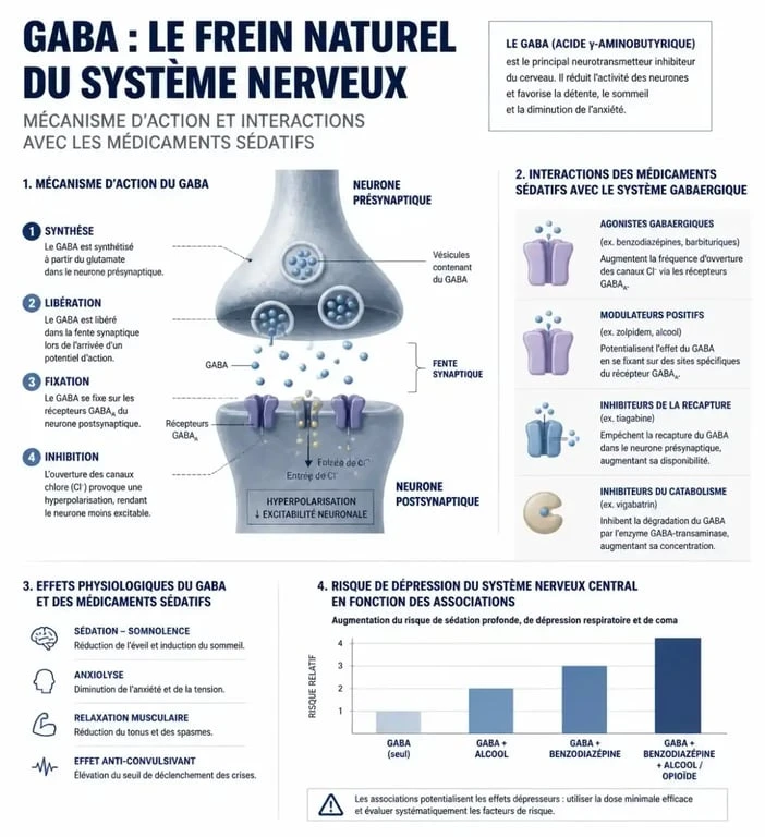 Infographie sur les dangers et le fonctionnement du GABA comme complément alimentaire