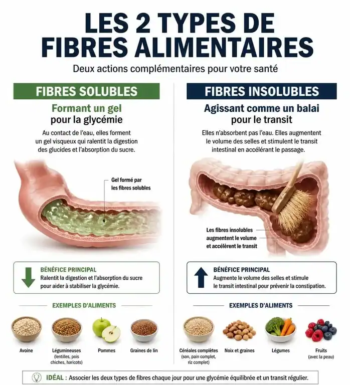 Infographie sur les bienfaits des fibres alimentaires solubles et insolubles pour la santé digestive