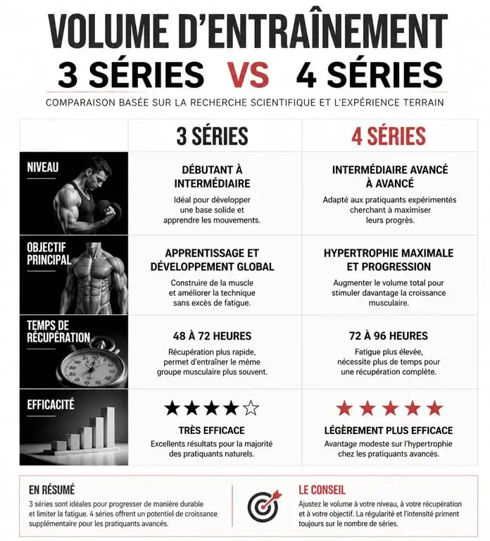 Comparatif 3 ou 4 séries musculation : volume, récupération et objectifs