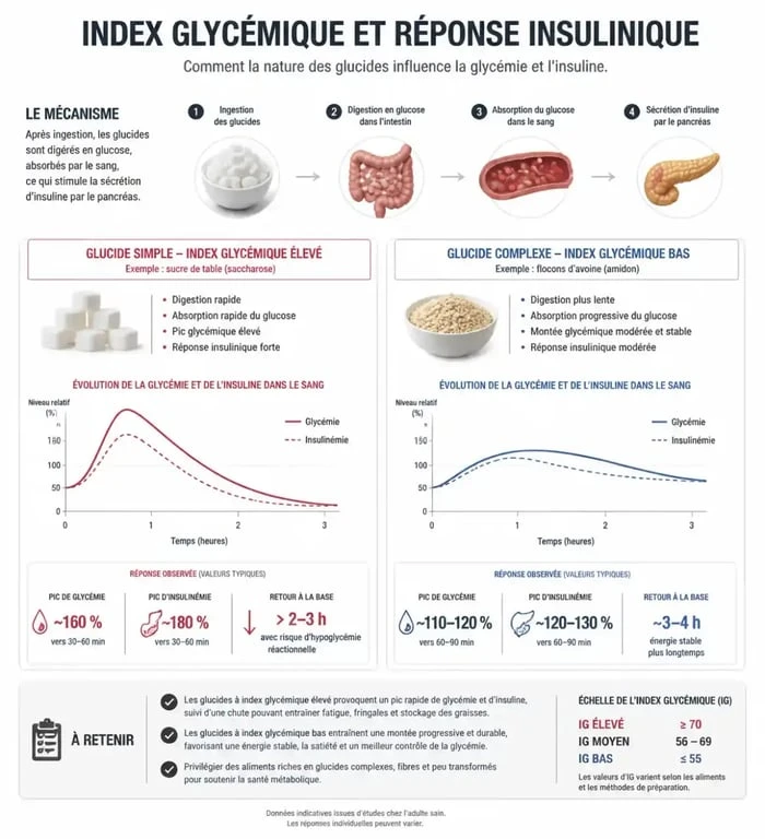 Infographie sur l'index glycémique et l'impact des glucides sur la glycémie et la prise de poids