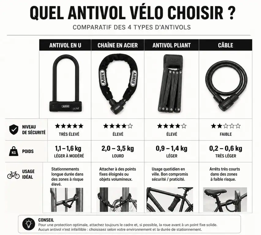 Comparatif visuel des différents types de cadenas vélo selon leur niveau de sécurité et leur poids