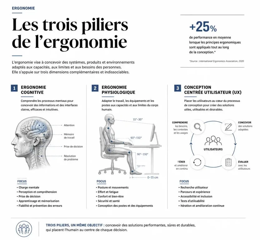 Schéma des piliers d'un master en ergonomie : cognitive, physiologique et UX