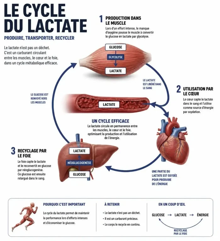 Infographie expliquant le cycle de l'acide lactique et du lactate chez le sportif