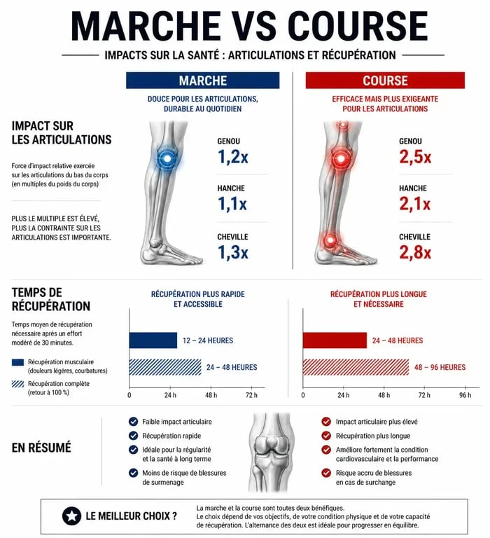Infographie comparative des bienfaits de la marche 30 minutes par jour versus la course à pied