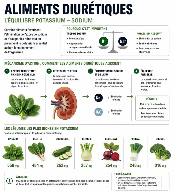 Infographie expliquant le rôle des aliments diurétiques et l'équilibre potassium-sodium pour la santé