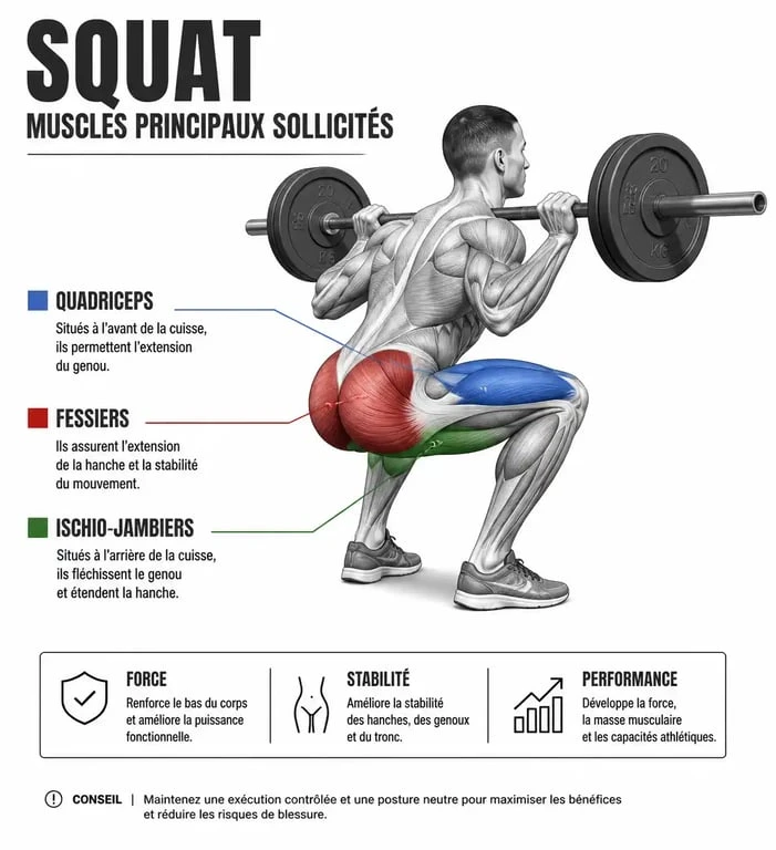 Schéma anatomique des muscles sollicités lors du squat : quadriceps, fessiers et ischio-jambiers