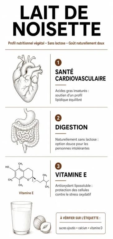 Infographie des bienfaits et apports nutritionnels du lait de noisette pour la santé