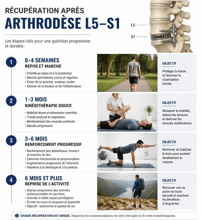 Infographie des étapes de récupération après une opération d'arthrodèse L5 S1