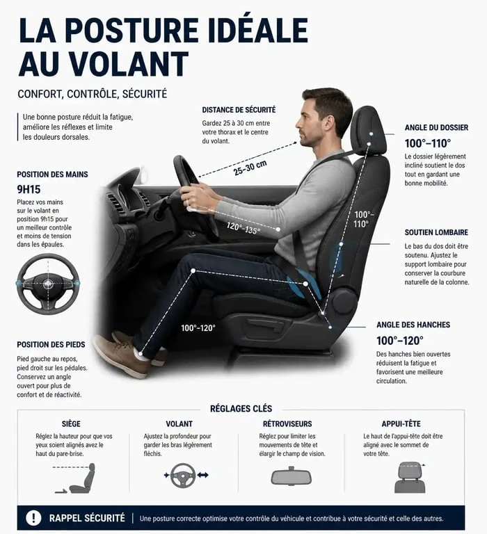 Schéma de la posture idéale au volant pour éviter le mal de dos et les douleurs lombaires