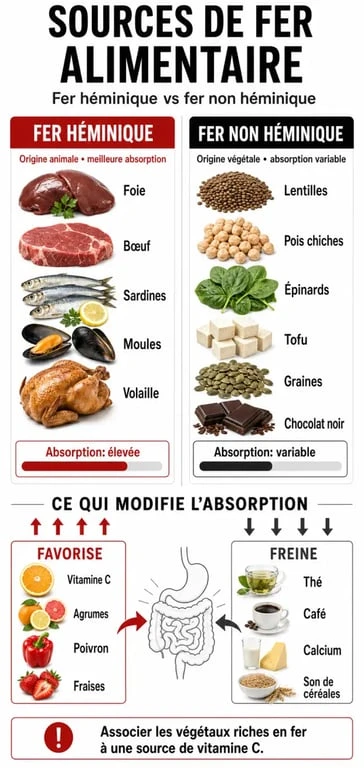 Infographie sur les aliments riches en fer et conseils pour optimiser l'absorption