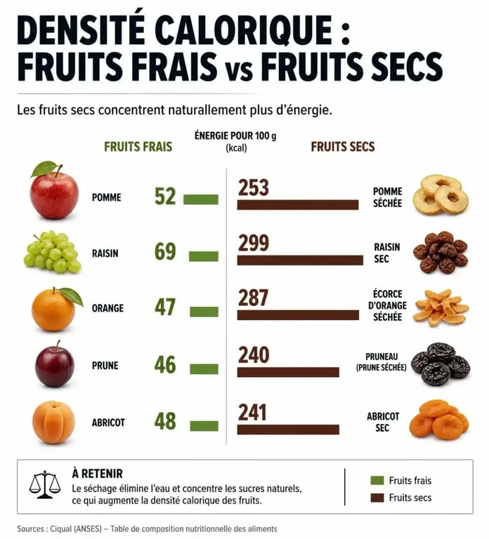 Infographie comparative des calories dans les fruits secs et fruits frais pour la gestion du poids
