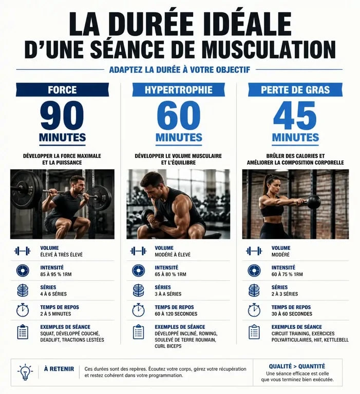 Infographie sur la durée idéale d'une séance de musculation selon les objectifs