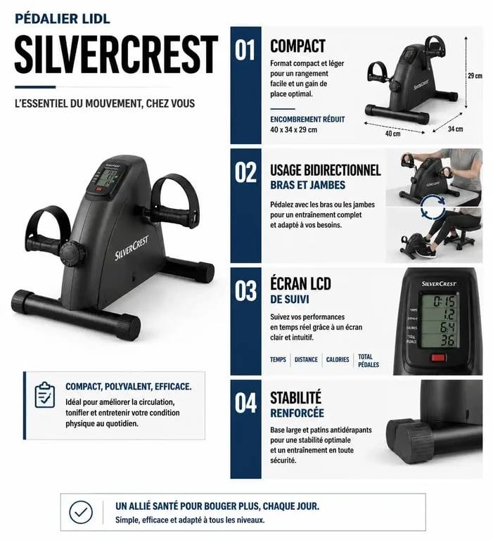 Infographie des caractéristiques et avantages du pédalier Lidl Silvercrest pour la remise en forme