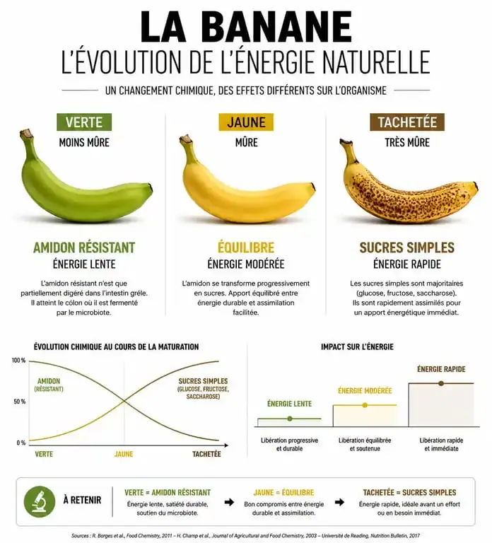 Infographie sur les bienfaits de manger une banane avant le sport selon sa maturité