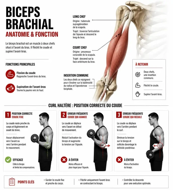 Infographie sur l'anatomie et l'exécution correcte de l'exercice bicep avec haltère