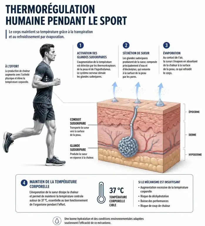 Schéma explicatif des bienfaits de la transpiration pendant le sport et thermorégulation