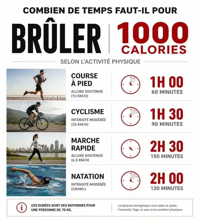Infographie comparant le temps nécessaire pour brûler 1000 calories par jour selon différentes activités physiques
