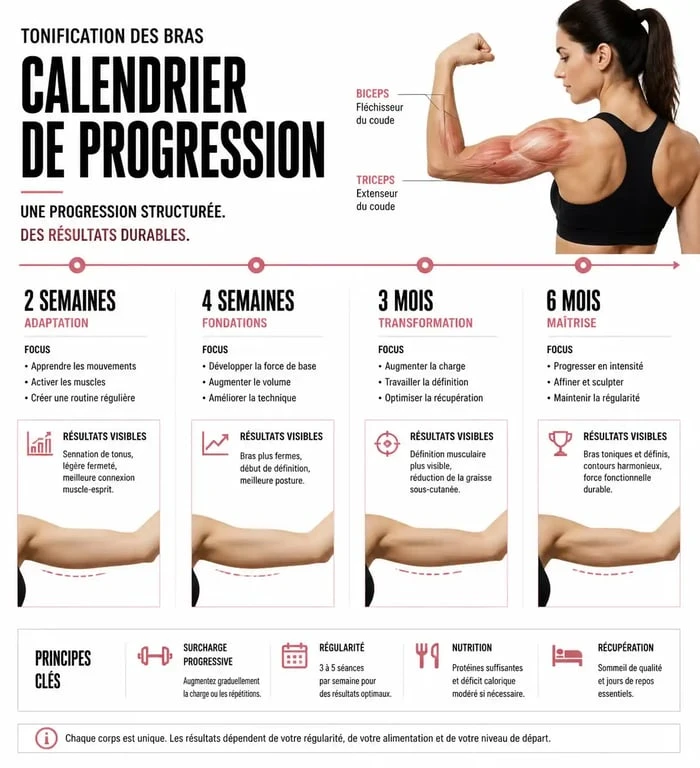 Infographie du calendrier de progression pour se muscler les bras femme, montrant les résultats attendus sur 6 mois