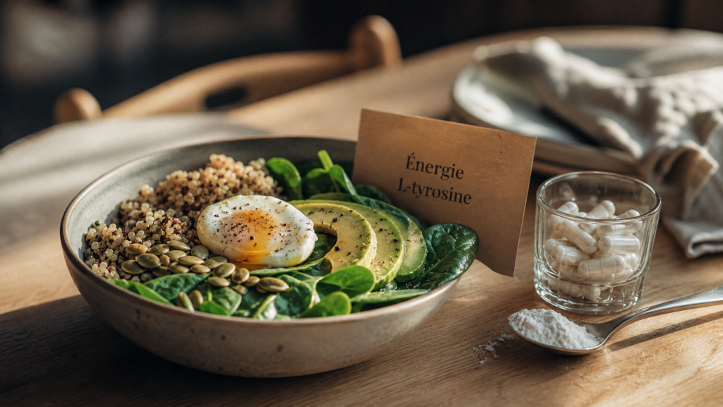 L tyrosine et perte de poids : bowl quinoa et œuf, capsules