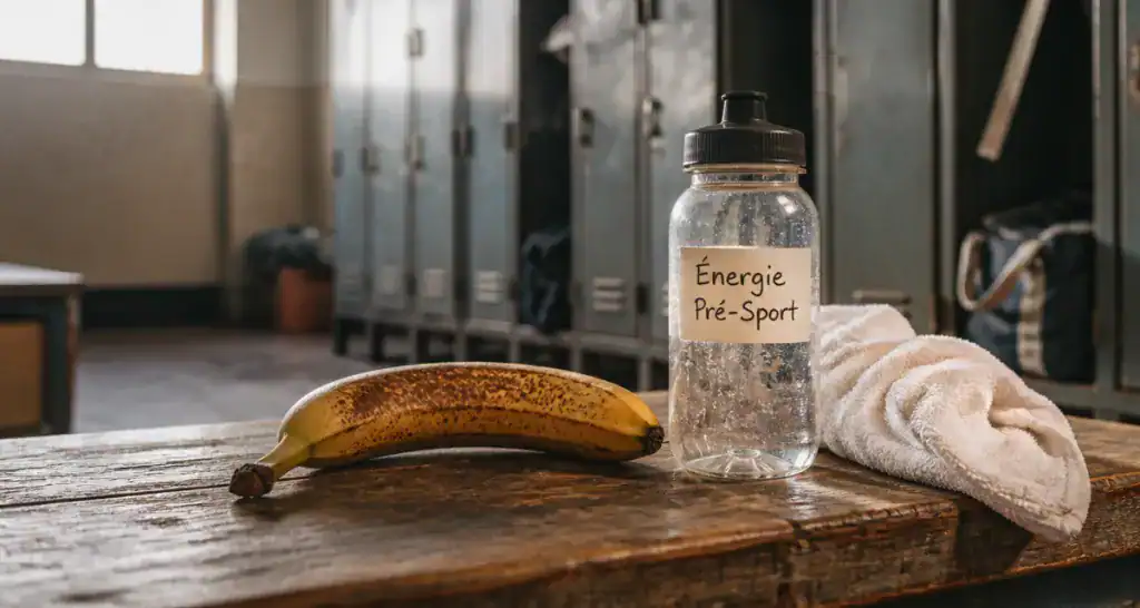 manger une banane avant le sport sur un banc de vestiaire